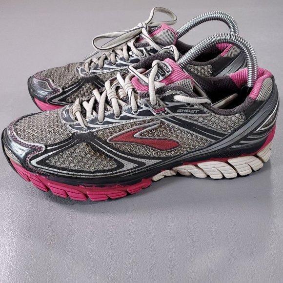 Brooks Shoes - Brooks Ghost 5 Running Shoes Womens Size 8.5 Pink Silver Athletic Gym Sneaker